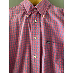 Faconnable Shirt Men XL 100% Cotton Short Sleeve Button Up Blue Pink Check Soft